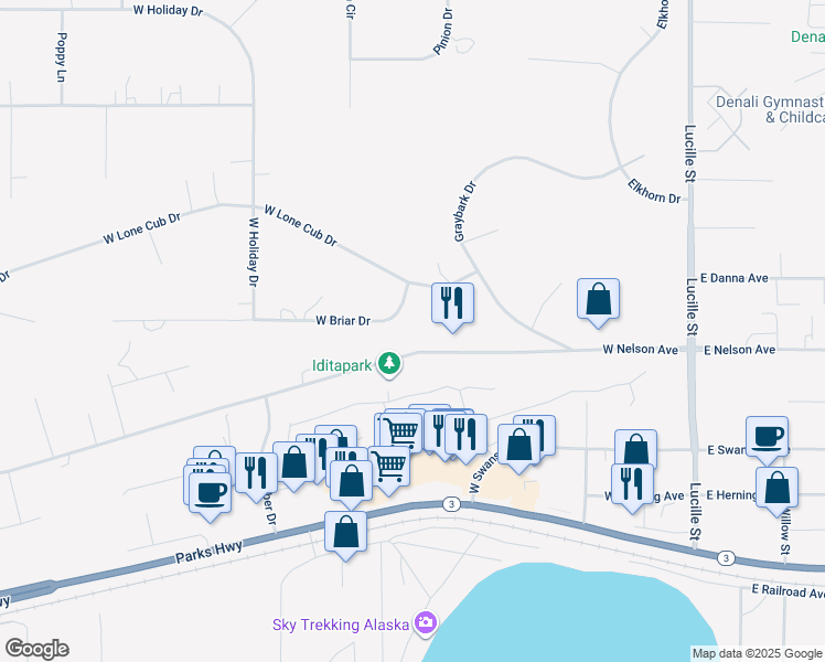 map of restaurants, bars, coffee shops, grocery stores, and more near 440 West Lone Cub Drive in Wasilla