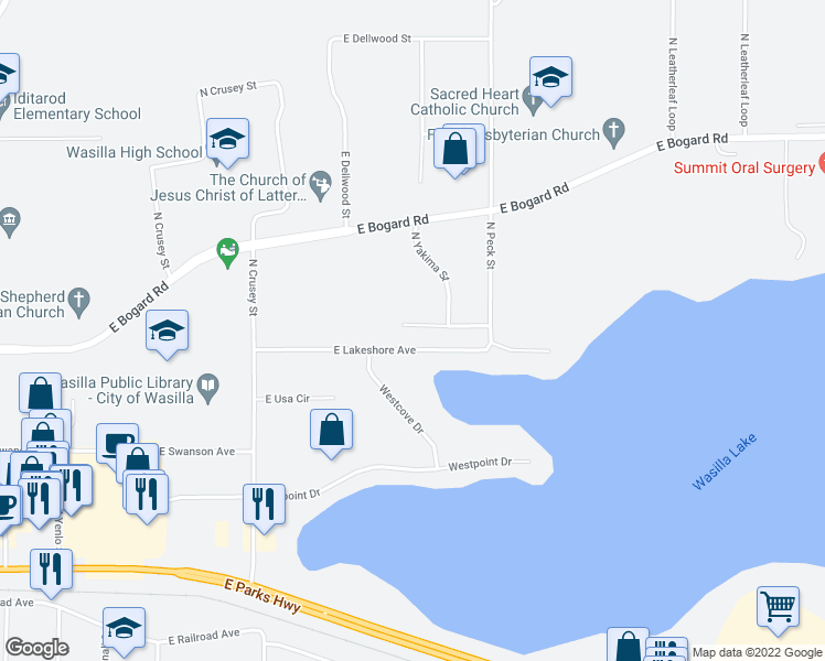 map of restaurants, bars, coffee shops, grocery stores, and more near 1030 Seneca Avenue in Wasilla
