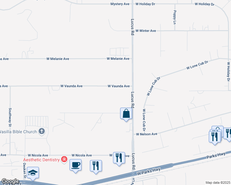 map of restaurants, bars, coffee shops, grocery stores, and more near 1250 West Vaunda Avenue in Wasilla