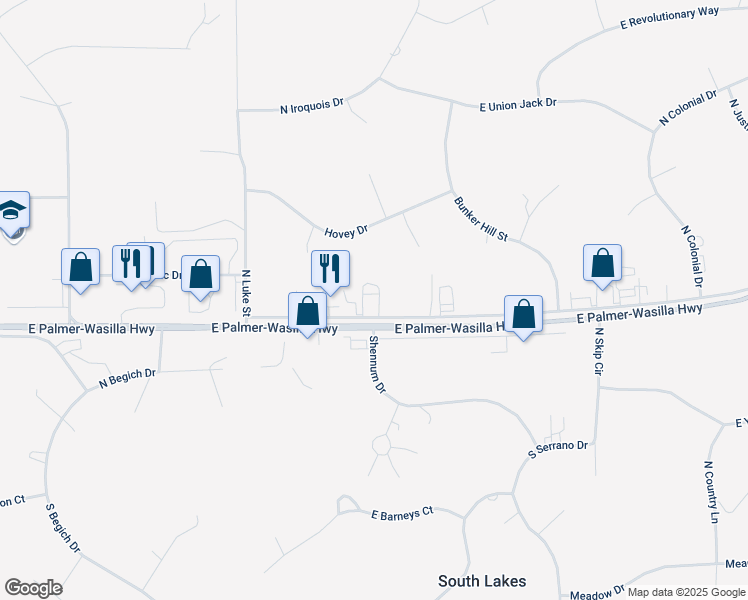 map of restaurants, bars, coffee shops, grocery stores, and more near 5001 East Mayflower Lane in Wasilla