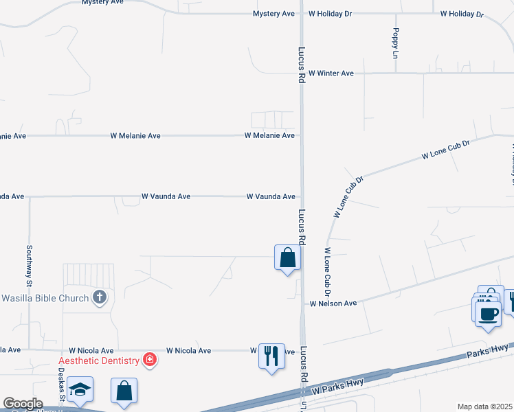 map of restaurants, bars, coffee shops, grocery stores, and more near 1250 West Vaunda Avenue in Wasilla