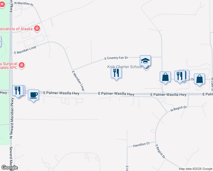 map of restaurants, bars, coffee shops, grocery stores, and more near 4241 East Meridian Loop in Wasilla