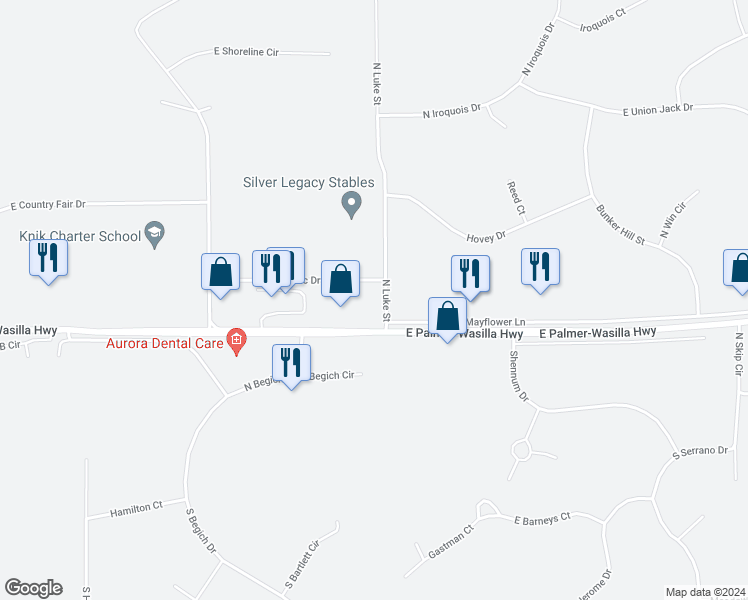 map of restaurants, bars, coffee shops, grocery stores, and more near 650 North Luke Street in Wasilla