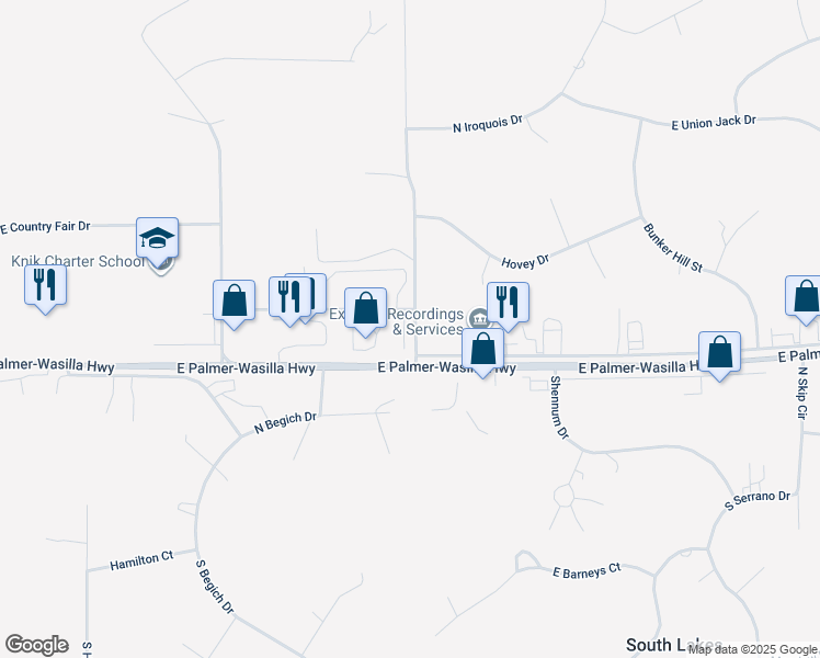 map of restaurants, bars, coffee shops, grocery stores, and more near 650 North Luke Street in Wasilla