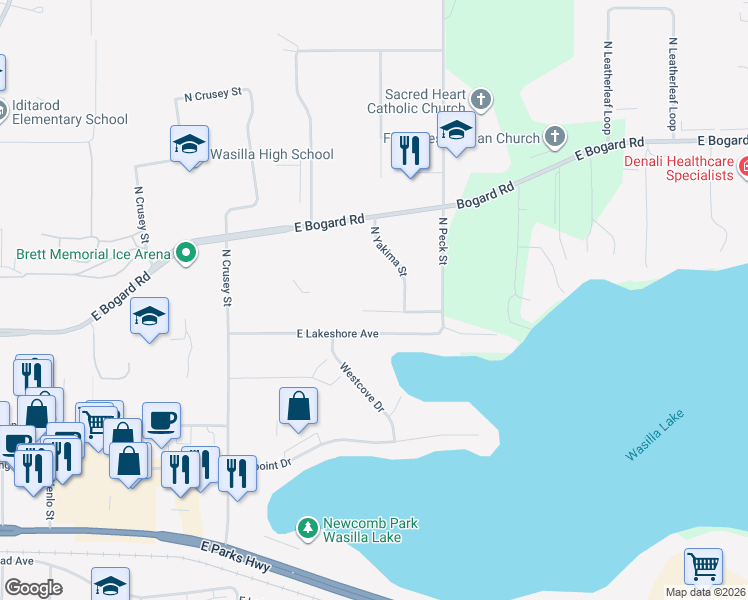 map of restaurants, bars, coffee shops, grocery stores, and more near 1000 Seneca Avenue in Wasilla