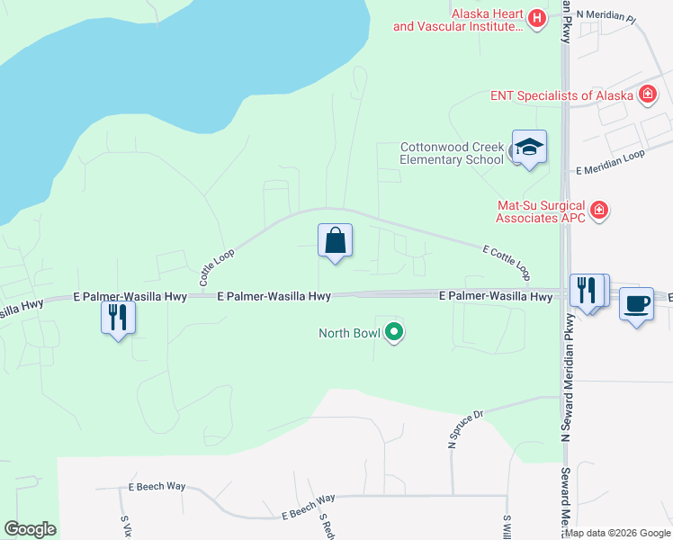 map of restaurants, bars, coffee shops, grocery stores, and more near 3161 East Palmer-Wasilla Highway in Wasilla