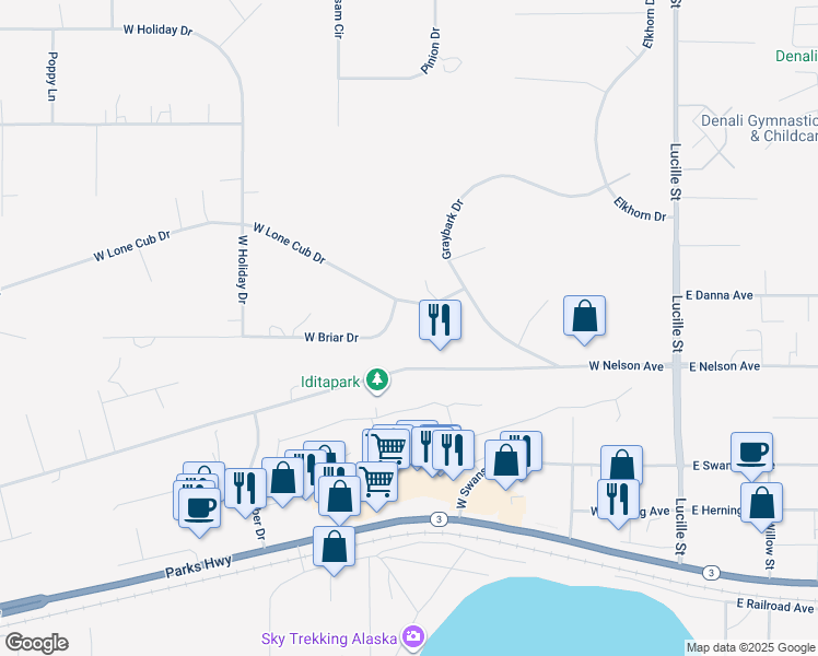 map of restaurants, bars, coffee shops, grocery stores, and more near 440 West Lone Cub Drive in Wasilla