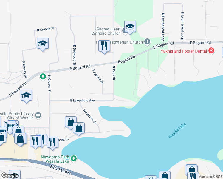 map of restaurants, bars, coffee shops, grocery stores, and more near 620 North Peck Street in Wasilla