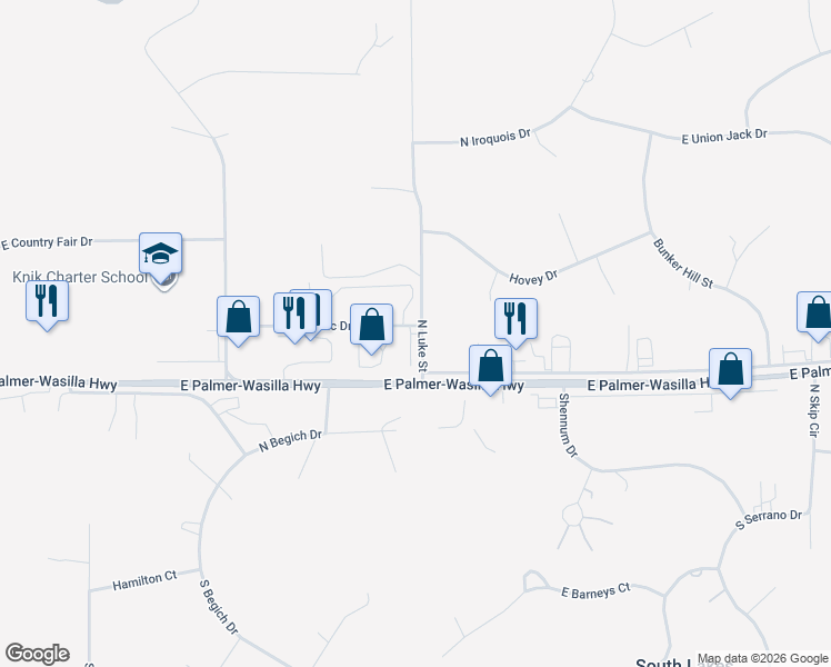map of restaurants, bars, coffee shops, grocery stores, and more near 680 North Luke Street in Wasilla