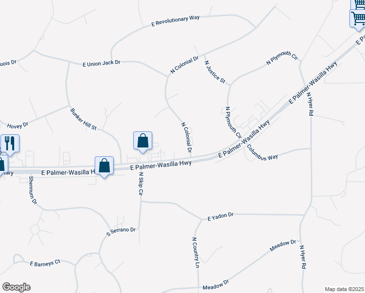 map of restaurants, bars, coffee shops, grocery stores, and more near 5503 East Mayflower Lane in Wasilla