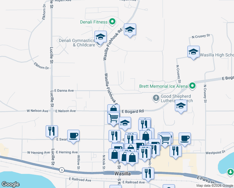 map of restaurants, bars, coffee shops, grocery stores, and more near 671 Wasilla-Fishhook Road in Wasilla