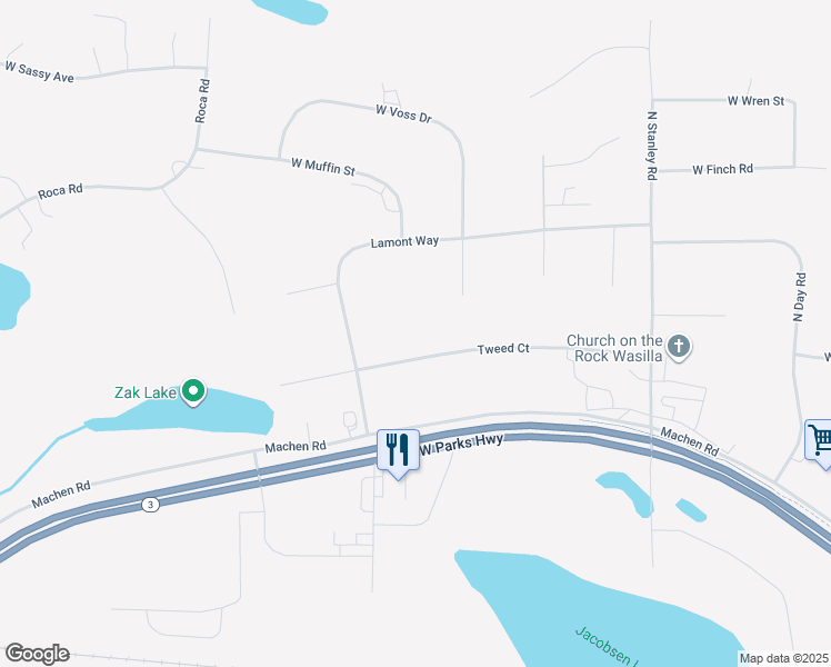 map of restaurants, bars, coffee shops, grocery stores, and more near 3934 Tweed Court in Wasilla