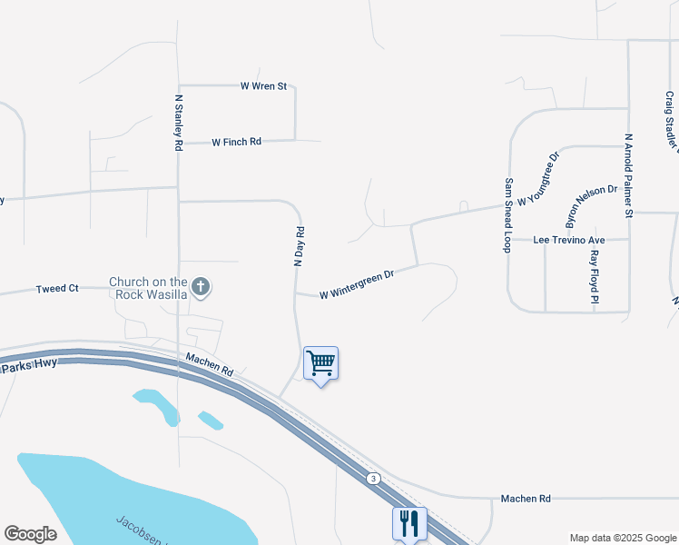 map of restaurants, bars, coffee shops, grocery stores, and more near 780 Youngtree Court in Wasilla