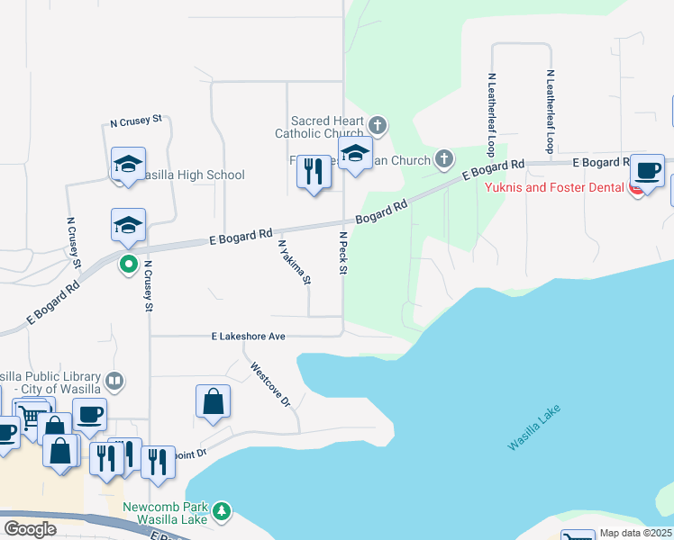 map of restaurants, bars, coffee shops, grocery stores, and more near 718 North Peck Street in Wasilla
