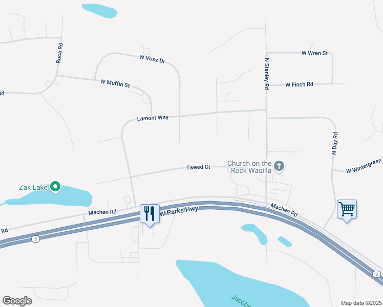 map of restaurants, bars, coffee shops, grocery stores, and more near 781 Voss Circle in Wasilla