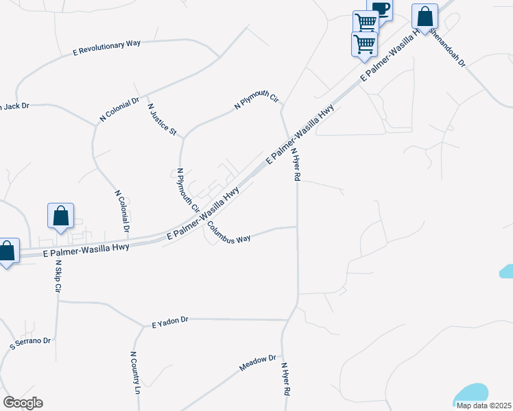 map of restaurants, bars, coffee shops, grocery stores, and more near 5860 East Pilgrim Court in Wasilla