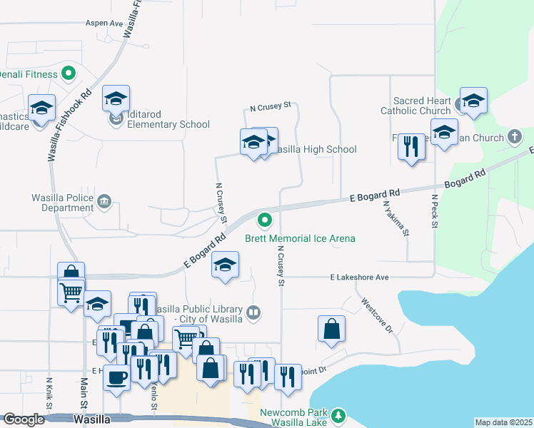 map of restaurants, bars, coffee shops, grocery stores, and more near 650 East Bogard Road in Wasilla