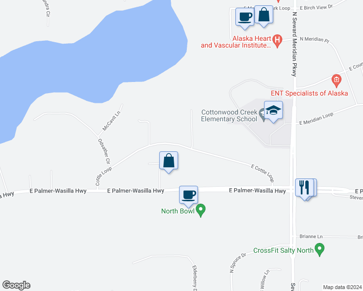 map of restaurants, bars, coffee shops, grocery stores, and more near 2944 East Cottle Loop in Wasilla