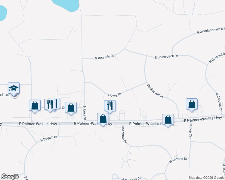 map of restaurants, bars, coffee shops, grocery stores, and more near 5001 Hovey Drive in Wasilla