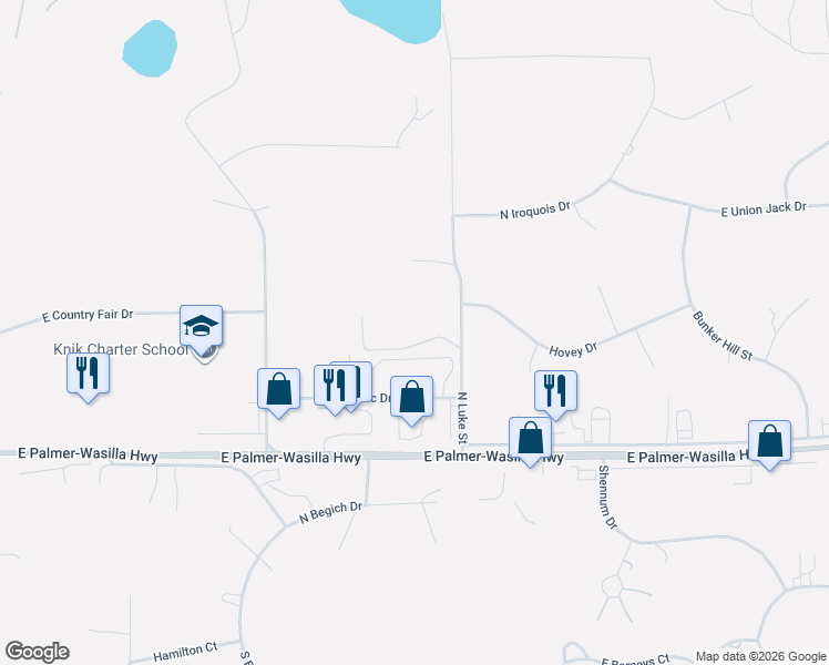 map of restaurants, bars, coffee shops, grocery stores, and more near 780 North Luke Street in Wasilla