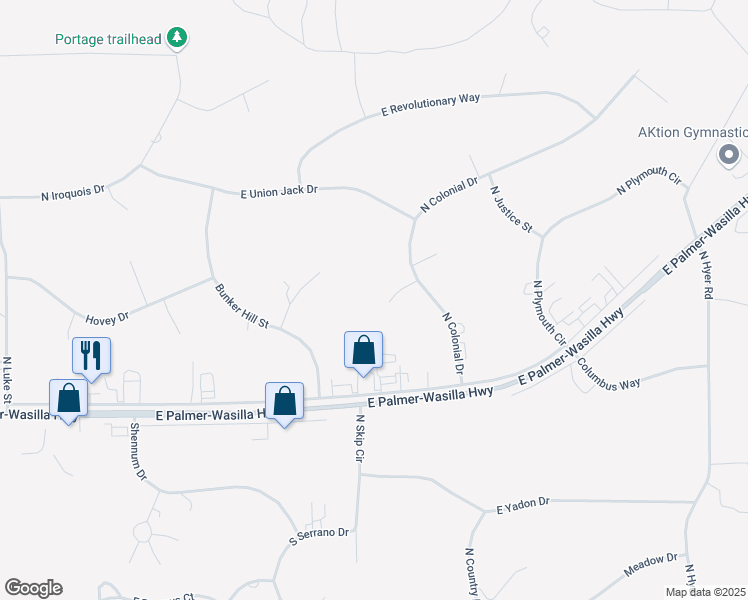 map of restaurants, bars, coffee shops, grocery stores, and more near 800 Colonial Court in Wasilla