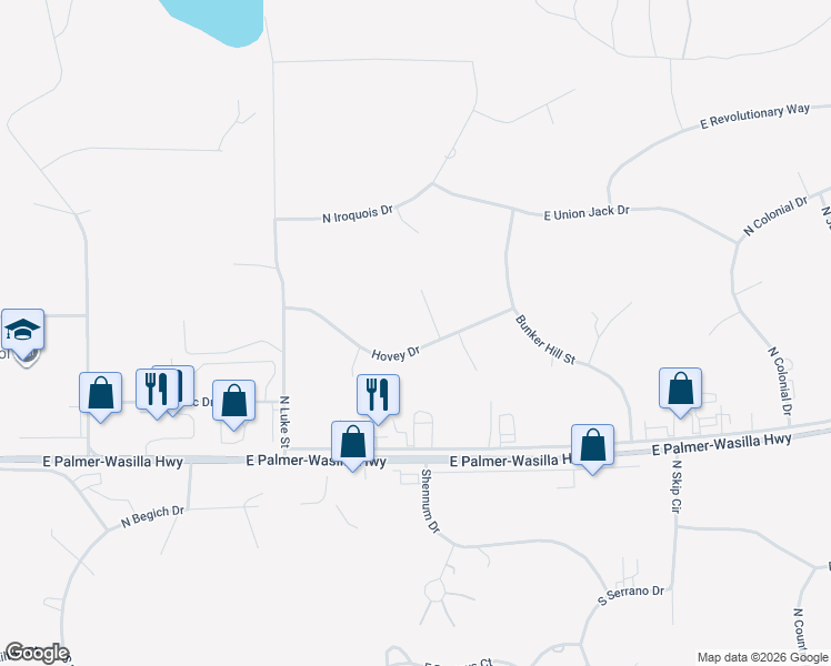 map of restaurants, bars, coffee shops, grocery stores, and more near 5001 Hovey Drive in Wasilla