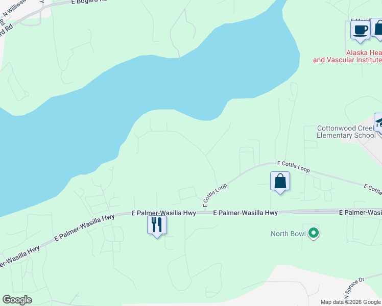 map of restaurants, bars, coffee shops, grocery stores, and more near 2888 Odsather Circle in Wasilla
