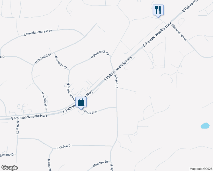 map of restaurants, bars, coffee shops, grocery stores, and more near 5930 East Pilgrim Court in Wasilla