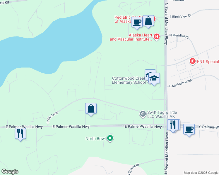 map of restaurants, bars, coffee shops, grocery stores, and more near 3247 East Cottle Loop in Wasilla