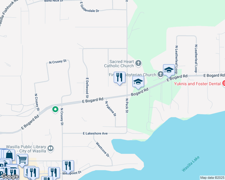 map of restaurants, bars, coffee shops, grocery stores, and more near 1100 East McKee Court in Wasilla