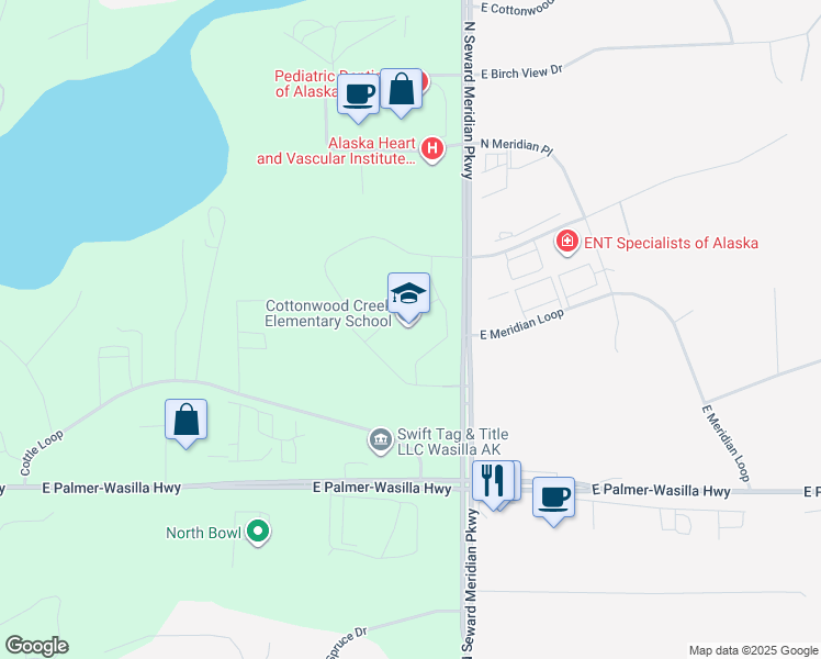 map of restaurants, bars, coffee shops, grocery stores, and more near 800 North Seward Meridian Parkway in Wasilla