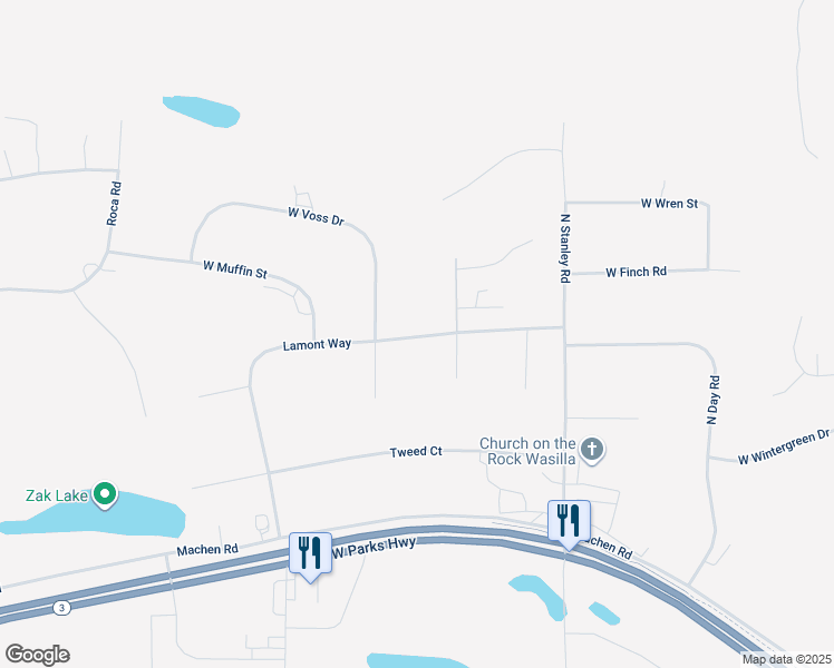 map of restaurants, bars, coffee shops, grocery stores, and more near 3901 West Voss Drive in Wasilla