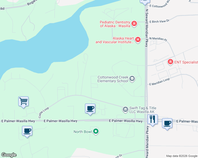 map of restaurants, bars, coffee shops, grocery stores, and more near 3225 East Cottle Loop in Wasilla