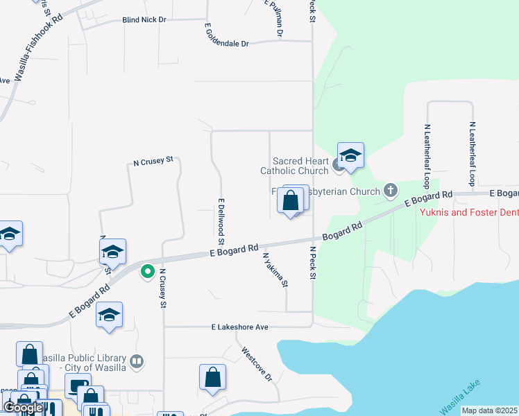 map of restaurants, bars, coffee shops, grocery stores, and more near 876 North Wesglenn Circle in Wasilla