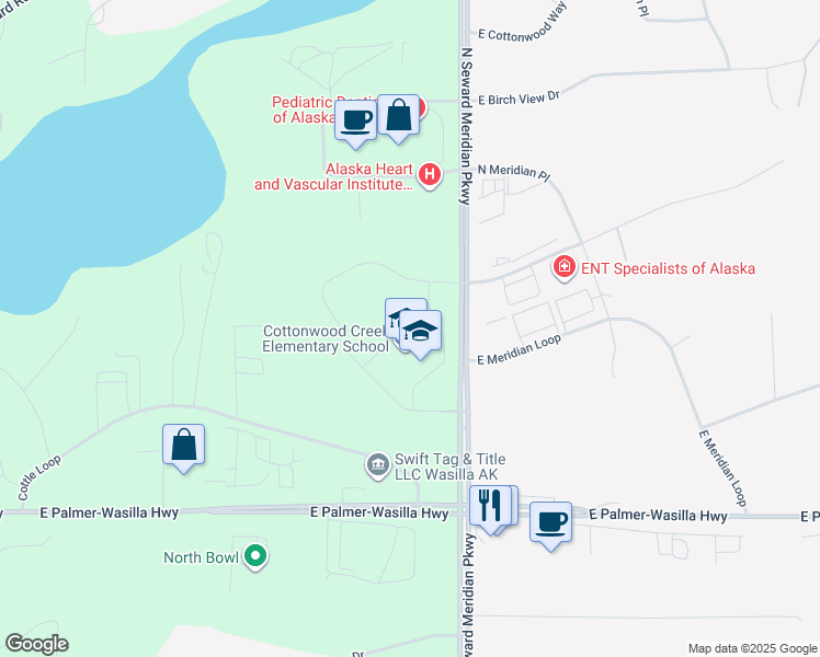 map of restaurants, bars, coffee shops, grocery stores, and more near 800 North Seward Meridian Parkway in Wasilla