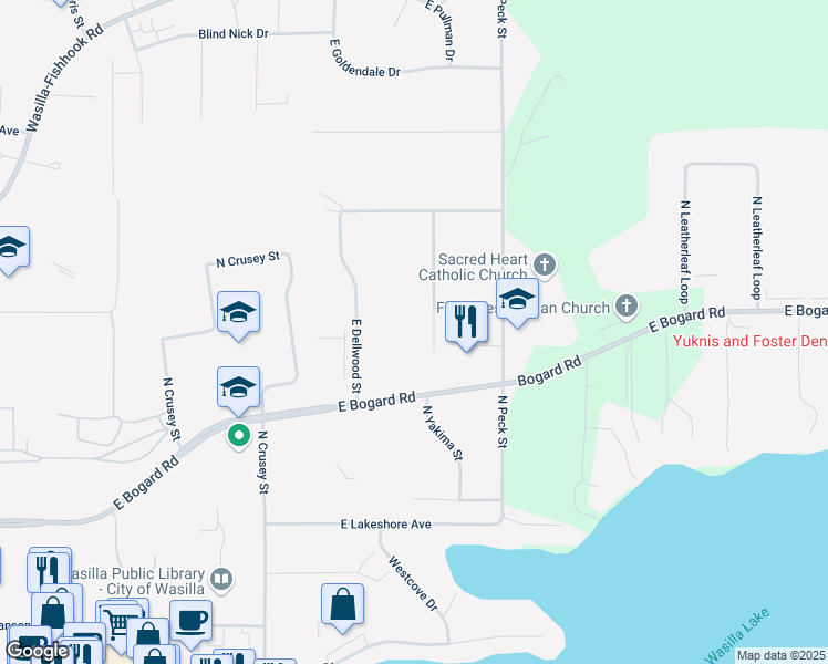 map of restaurants, bars, coffee shops, grocery stores, and more near 876 North Wesglenn Circle in Wasilla