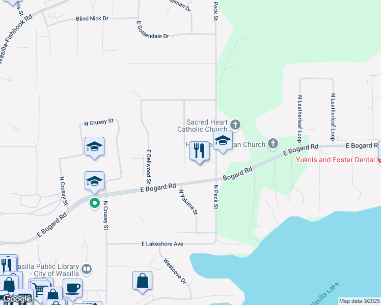 map of restaurants, bars, coffee shops, grocery stores, and more near 1100 East McKee Court in Wasilla