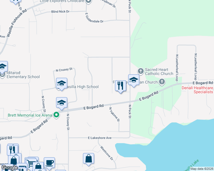 map of restaurants, bars, coffee shops, grocery stores, and more near 876 North Wesglenn Circle in Wasilla