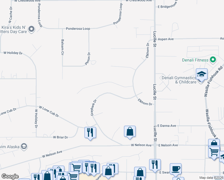 map of restaurants, bars, coffee shops, grocery stores, and more near 300 Graybark Drive in Wasilla