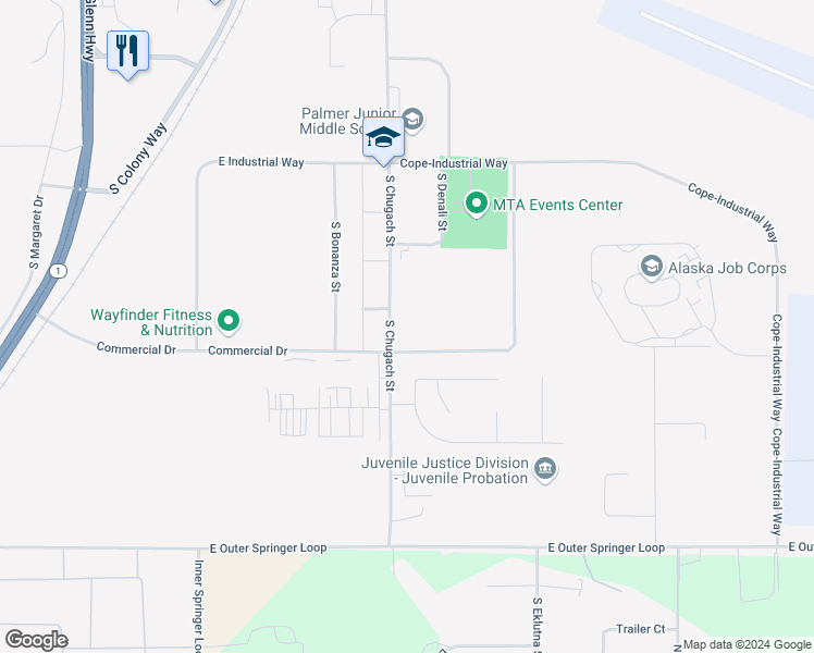 map of restaurants, bars, coffee shops, grocery stores, and more near 1633 South Chugach Street in Palmer
