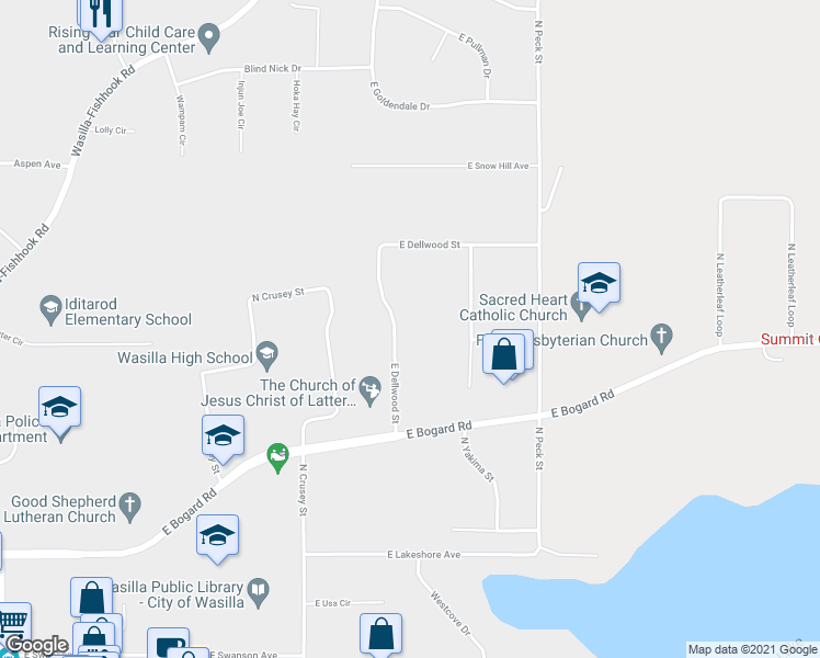 map of restaurants, bars, coffee shops, grocery stores, and more near 880 East Dellwood Street in Wasilla
