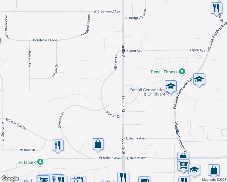 map of restaurants, bars, coffee shops, grocery stores, and more near 889 Elkhorn Drive in Wasilla