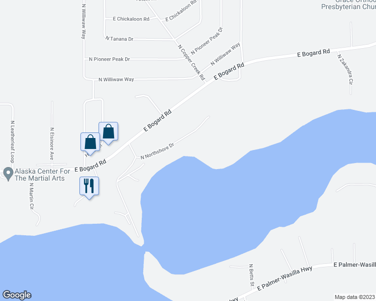 map of restaurants, bars, coffee shops, grocery stores, and more near 1051 North Northshore Drive in Wasilla