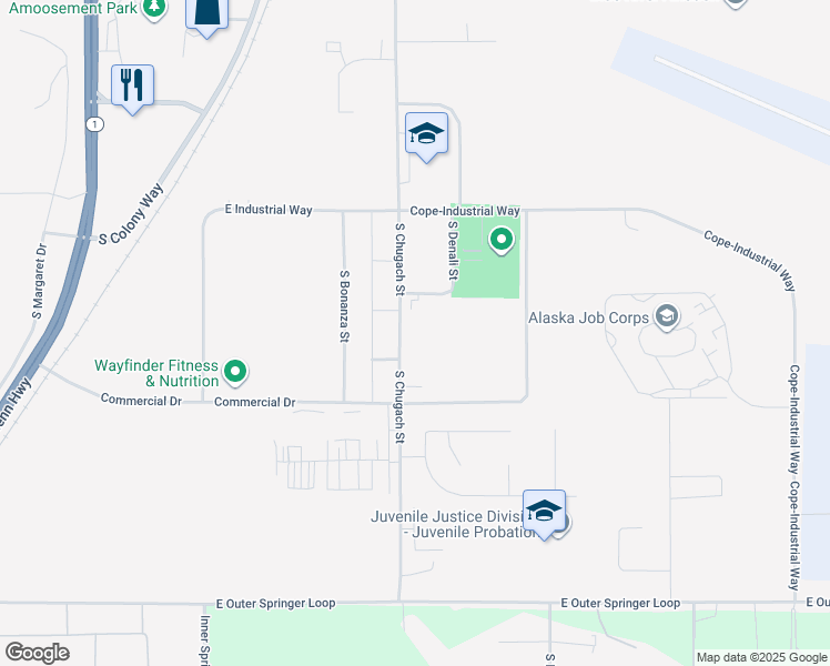 map of restaurants, bars, coffee shops, grocery stores, and more near 1521 South Chugach Street in Palmer