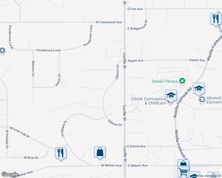 map of restaurants, bars, coffee shops, grocery stores, and more near 1117 Elkhorn Drive in Wasilla