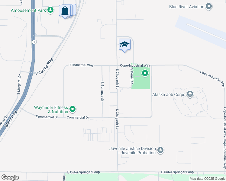 map of restaurants, bars, coffee shops, grocery stores, and more near 1521 South Chugach Street in Palmer