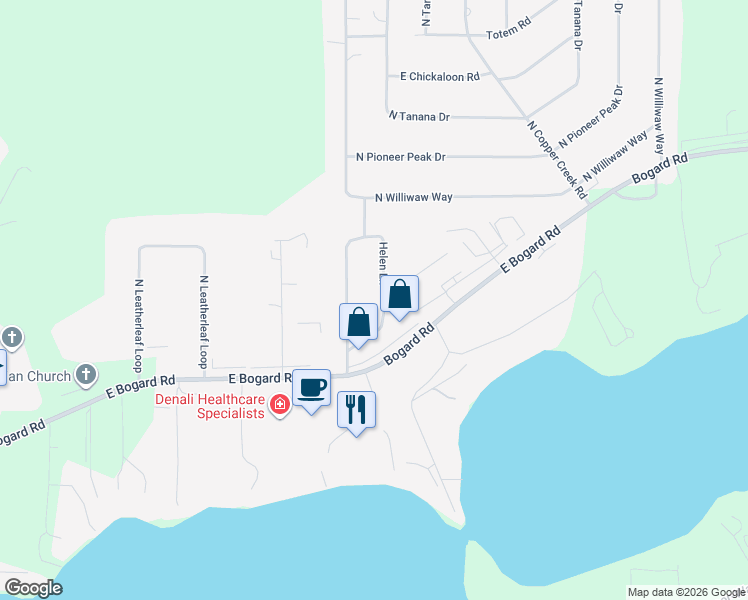 map of restaurants, bars, coffee shops, grocery stores, and more near 955 North Helen Lane in Wasilla