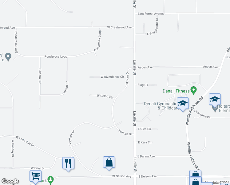 map of restaurants, bars, coffee shops, grocery stores, and more near 165 West Celtic Circle in Wasilla
