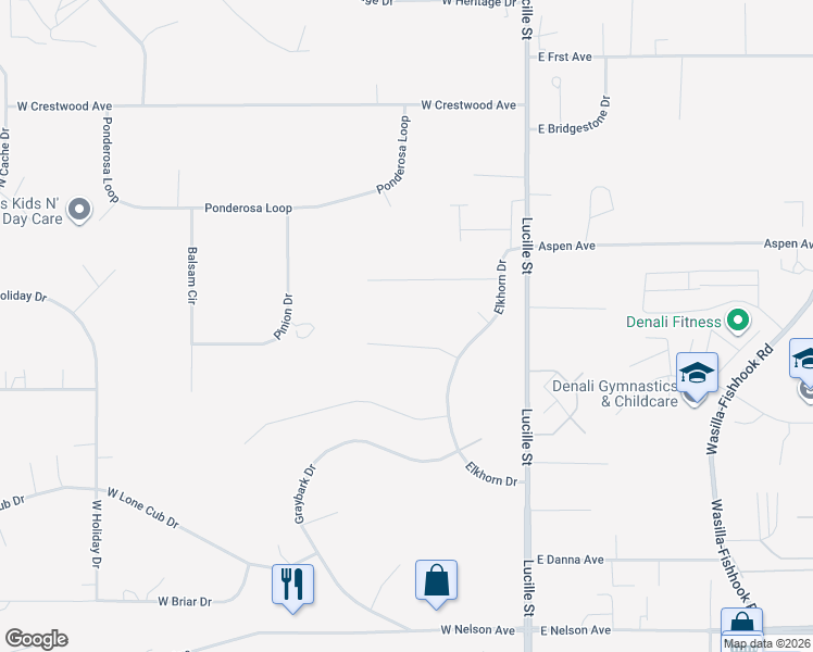 map of restaurants, bars, coffee shops, grocery stores, and more near 212 West Celtic Circle in Wasilla