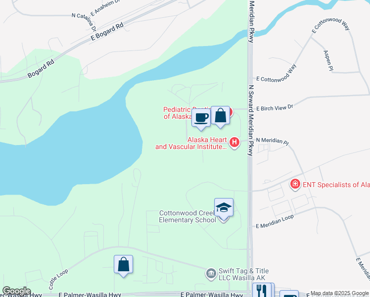 map of restaurants, bars, coffee shops, grocery stores, and more near 3331 East Meridian Park Loop in Wasilla